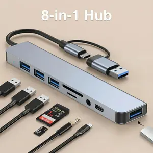 USB-C 8-Port Hub Expander with 4 USB 3.0 Ports 1 USB-C Jack TF/SD Card Reader 3.5mm Audio Output for iPhone 15 16 17 iPad Pro Laptop Galaxy Phones High-Speed Data Transfer