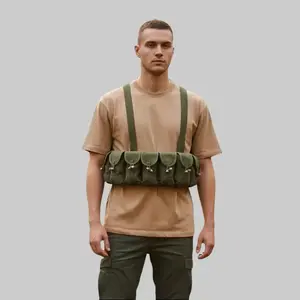 SKS 10-Pocket Bandolier Chest Rig – Military Surplus Adjustable Cotton Web Shoulder Straps Leather Keepers Wood Toggle Closures Survival Gear