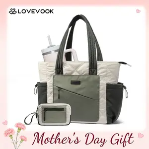 LOVEVOOK Laptop Tote Bag for Women, Large Quilted Puffer Tote bag with Four Cup Holders, Work and Travel Shoulder Bag, Lightweight Puffy bag, Nurse Handbag SpringStatements