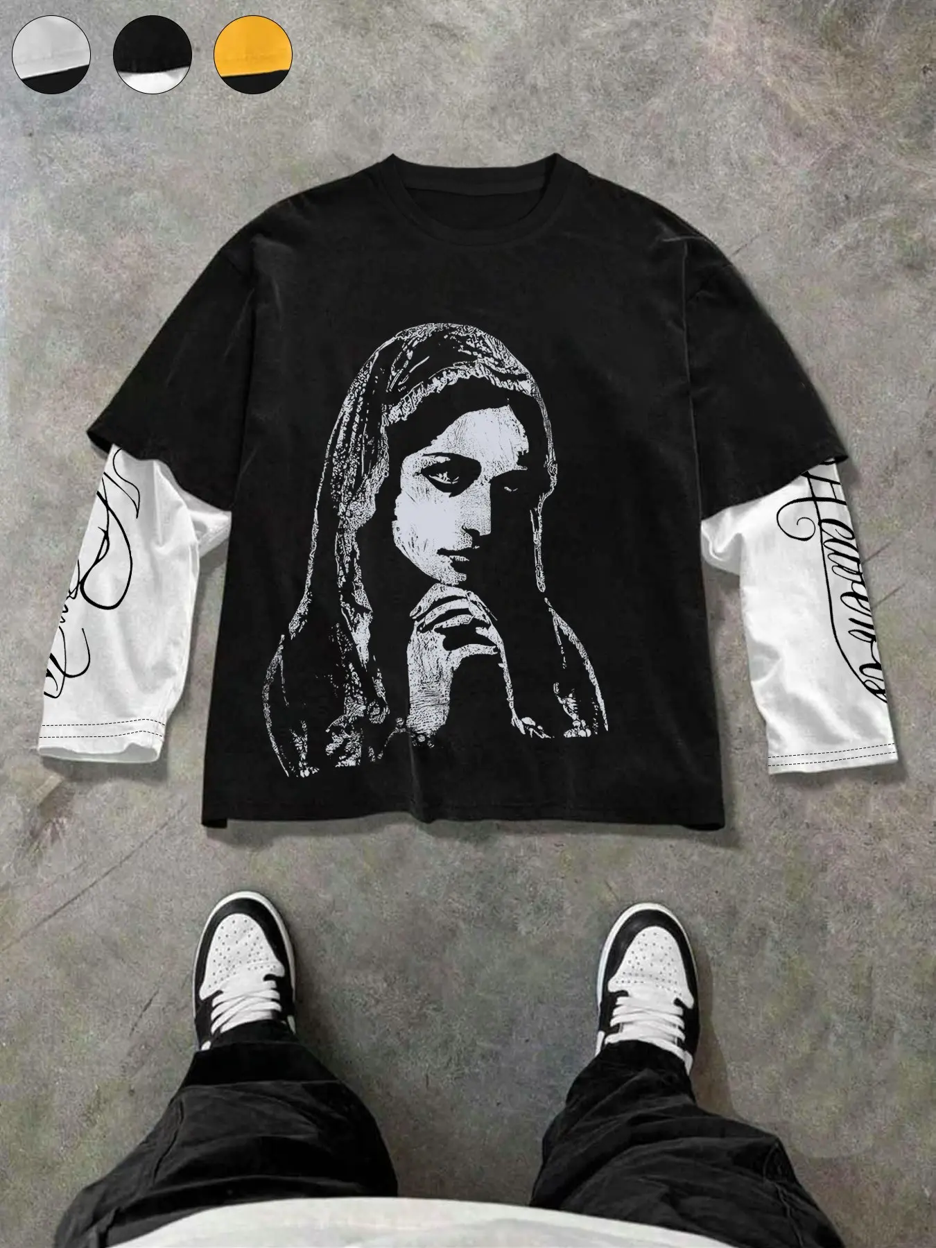 Aesthetic Gothic Portrait Graphic Print Layered Fitted Long Sleeve Short T-Shirt | Men's Oversized Grunge Streetwear Top | Premium Dark Urban Style Tee for Day & Night Out & Street Photography
