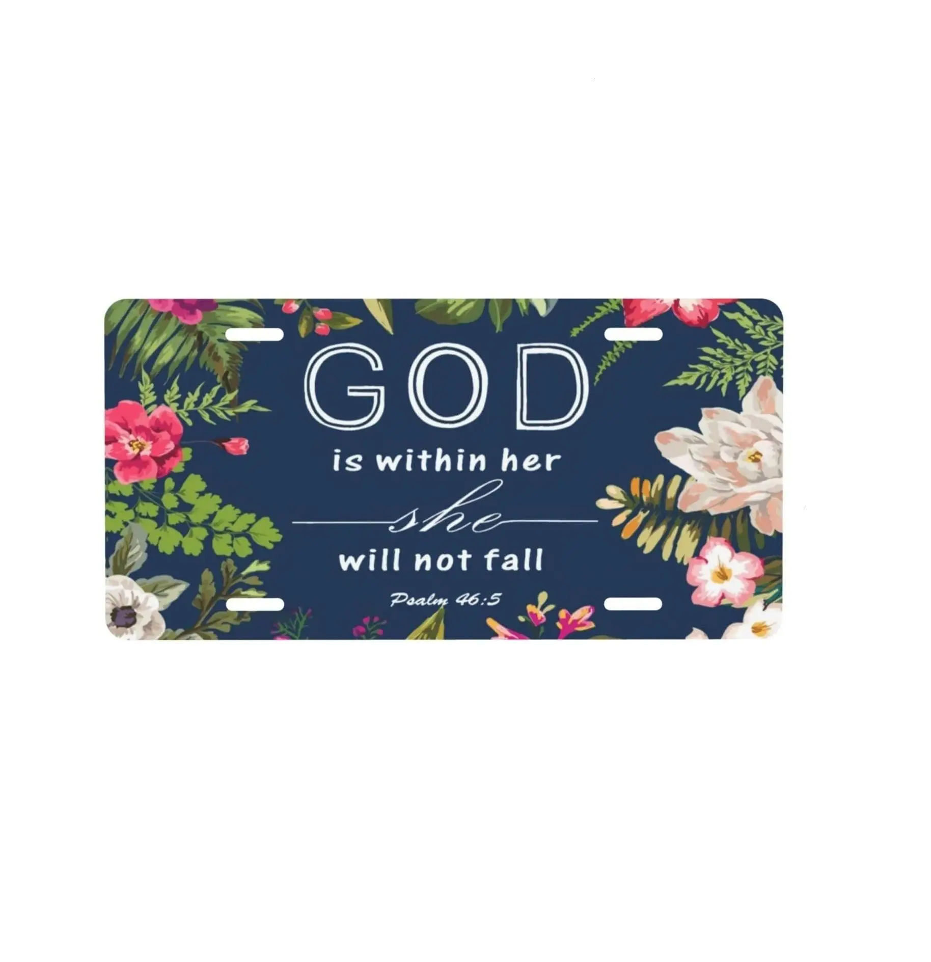 3.	Christian Floral License Plate, God Is Within Her Quote, 12 x 6 Aluminum Vanity Tag, Bible Verse Car Front Plate, Women Faith Gift, SUV Truck Decor