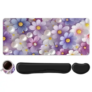 4pcs Pearl and Floral Purple Tones Design Mouse Pad + Keyboard Wrist Rest + Ergonomic Mouse Pad + Coaster Set, Desktop Accessory Office Accessories Set Ergonomic Wrist Support, Computer Mat Mouse Pad Coaster Suitable For Home Office Gaming Mousepad