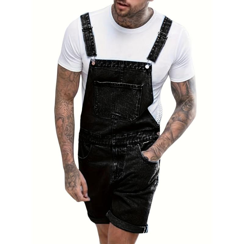 Mens Denim Shorts Bib Overall Jean Romper Casual Loose Fit Walkshort Button Pockets Summer Jumpersuit Menswear Polyester