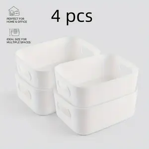 Set of 4 Plastic Storage Bins with Handles, White Stackable Organizer Baskets for Home, Kitchen, Bathroom & Office, Multipurpose Containers for Toys, Cosmetics & Sundrie