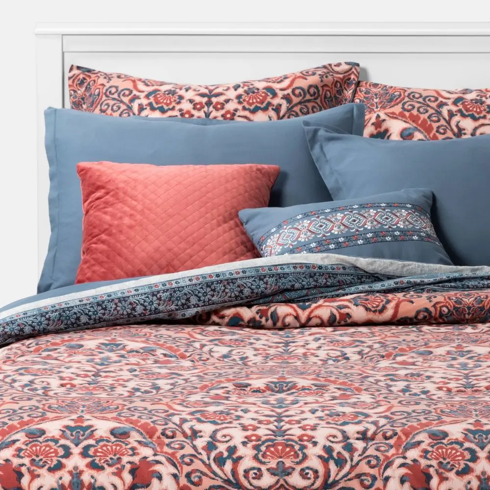 8pc King Printed Paisley with Border Comforter Set Rose/Blue - Threshold: Twill Reversible OEKO-TEX Certified