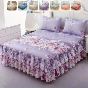 Floral Print Ruffled Edge Bed Skirt Set, 3 Counts/set Including 1 Bed Skirt & 2 Pillowcases without Filler, Comfy Bedding Set for Home Bedroom