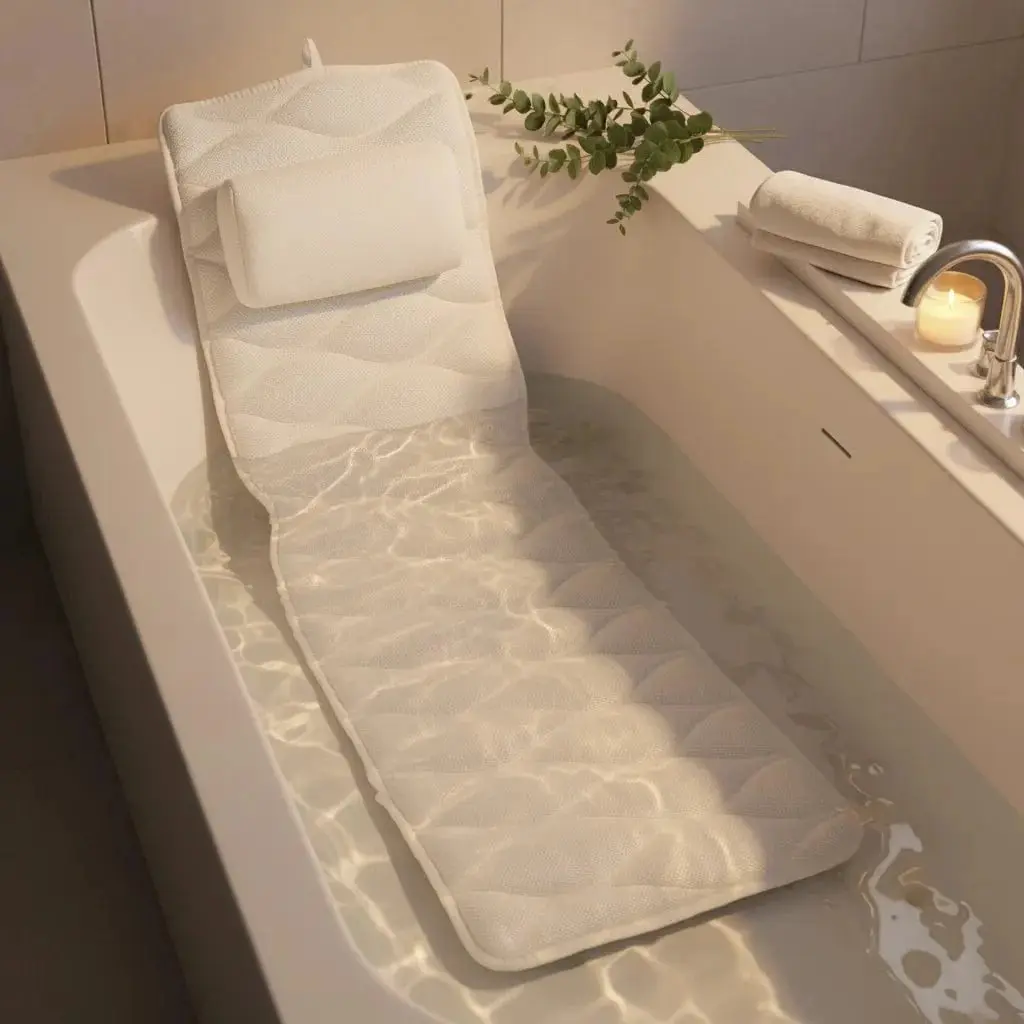 Full Body Bath Pillow for Tub – Extra Long Bathtub Cushion with Neck, Back & Head Support, Quick-Dry 3D Mesh Bath Mat with 17 Suction Cups, Spa Pillow for Soaking Tub, Relaxation Gifts for Women, Luxury Self-Care Accessories