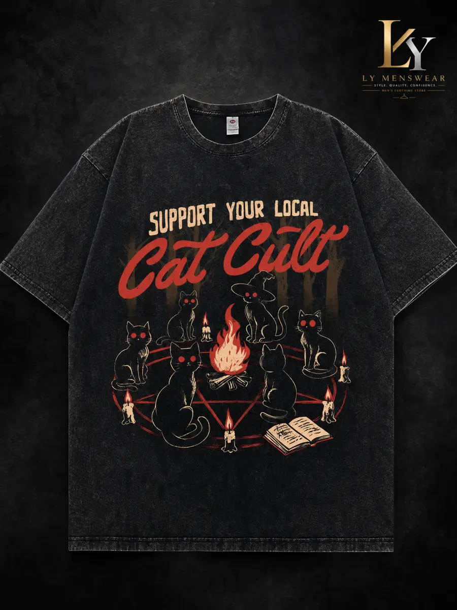 Original Vintage Street-Style Black Cat Graphic T-Shirt — Pure cotton fabric, distressed wash finish, and distinctive dark-style hand-drawn artwork.