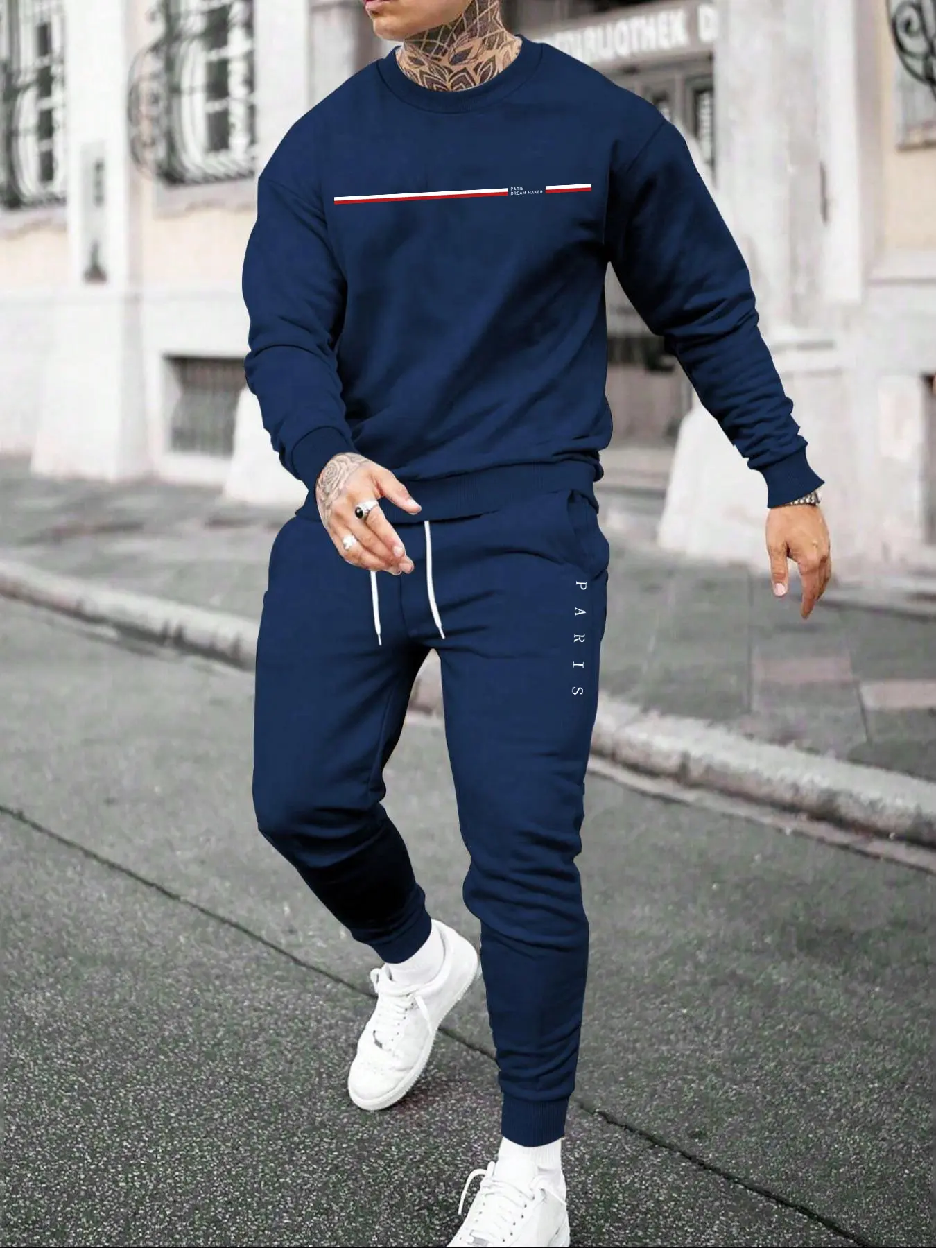 2Pcs Men's Fall Winter Casual Tracksuit Outfit, Minimal Stripe Paris Letter Graphic Crewneck Sweatshirts Pullover Sweatshirt Long Sleeve Elastic Drawstring Cuff Jogger Sweatpants Streetwear Matching Sweat Set