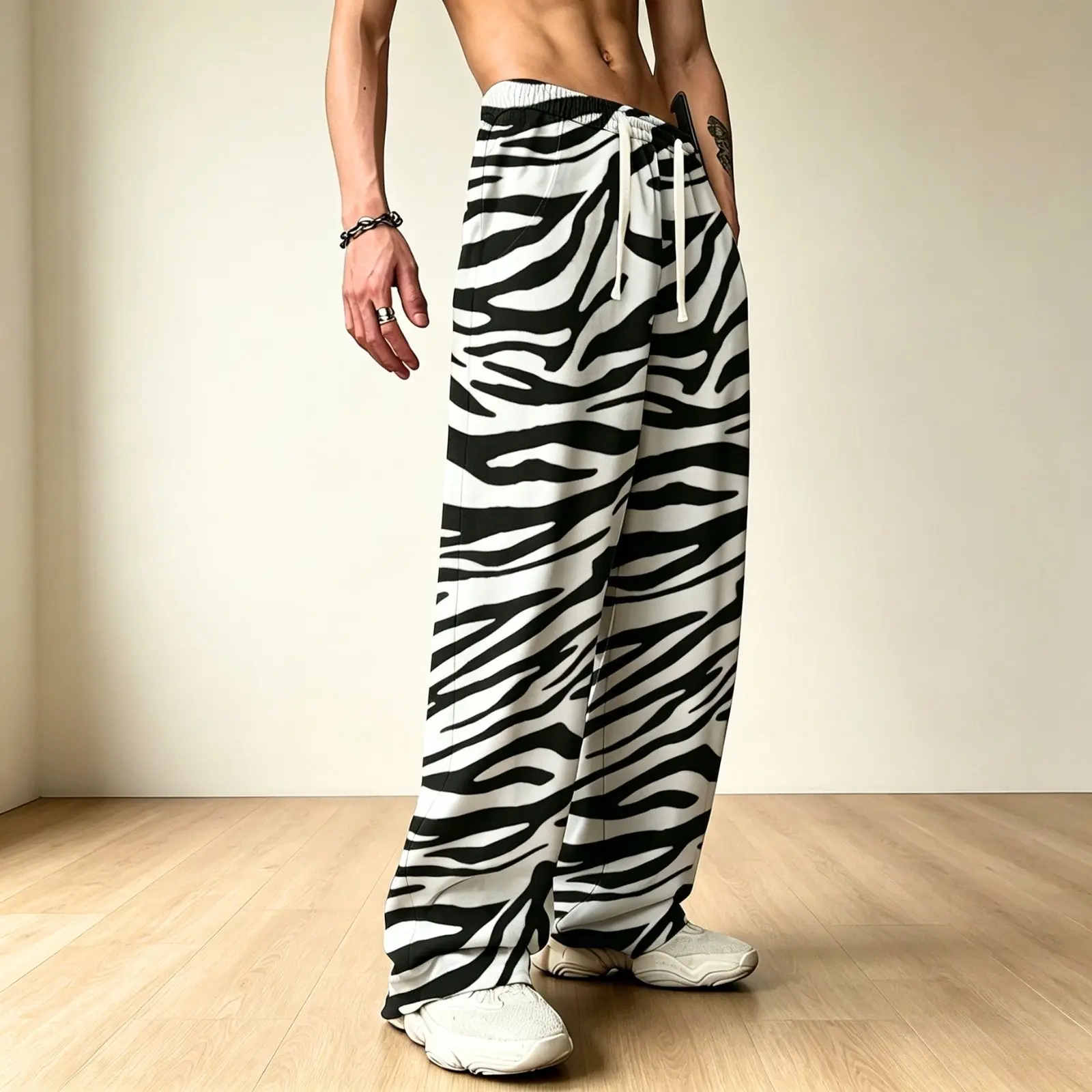 Men's Zebra Print Straight Pants - Casual Baggy Wide-Leg Trousers for Stylish Street Wear Outfits, Baggy Pants, M, Long, Fashion Apparel, Polyester, Loose Fit, Full Length, Colorblock