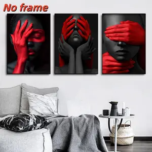 3 pieces modern colorful makeup female character, hands covering eyes, canvas poster decoration, suitable for makeup room, counter, room bedroom living room sofa background wall decoration, background wall decoration, frameless