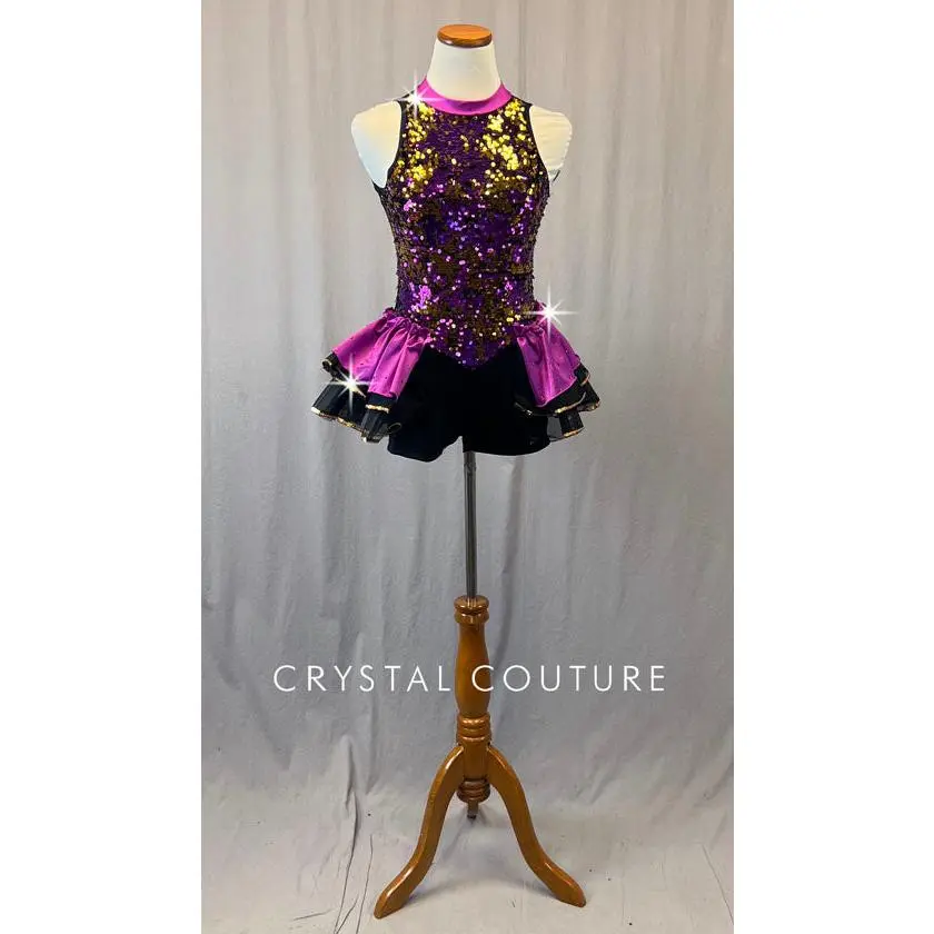 Purple and Gold Sequined Unitard with Half Skirt - Rhinestones
