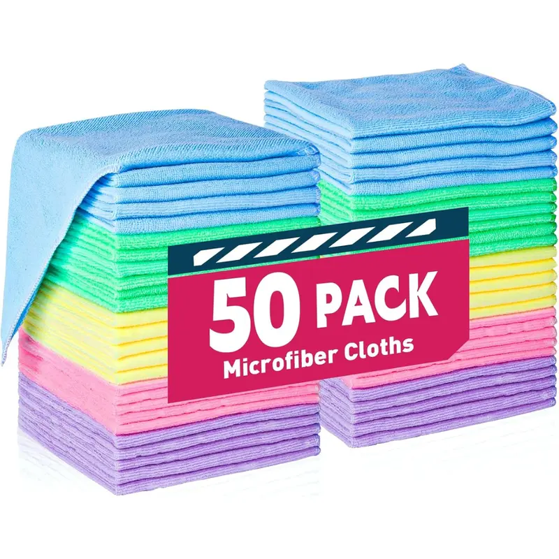 Microfiber Cleaning Cloths-50 Pack, Microfiber Towels Bulk, Microfiber Towels for Cars, Bulk Microfiber Towels for Home, Cleaning Rags 5 Colors Assorted (12x12 inches)