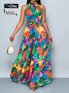 Aliling Summer Casual Vacation Printed Women's Dress, Halter Neck Sleeveless Long Dress, Slim-Fitting Plant Pattern, Fashionable Summer, Casual Bohemian Sleeveless, Boho Summer Dresses