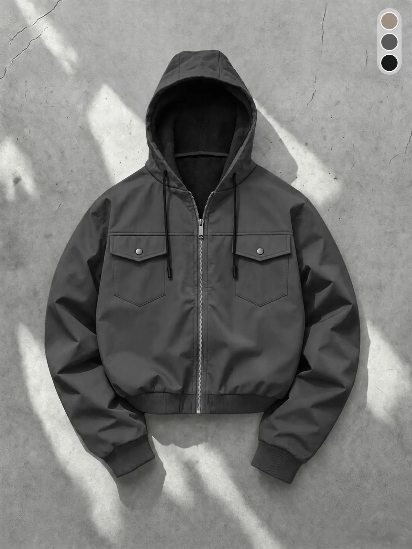 Men Dark Grey Cropped Hooded Fleece Lined Work Jacket Button Chest Pockets Drawstring Hood Rib Cuff Autumn Winter Warm Coat