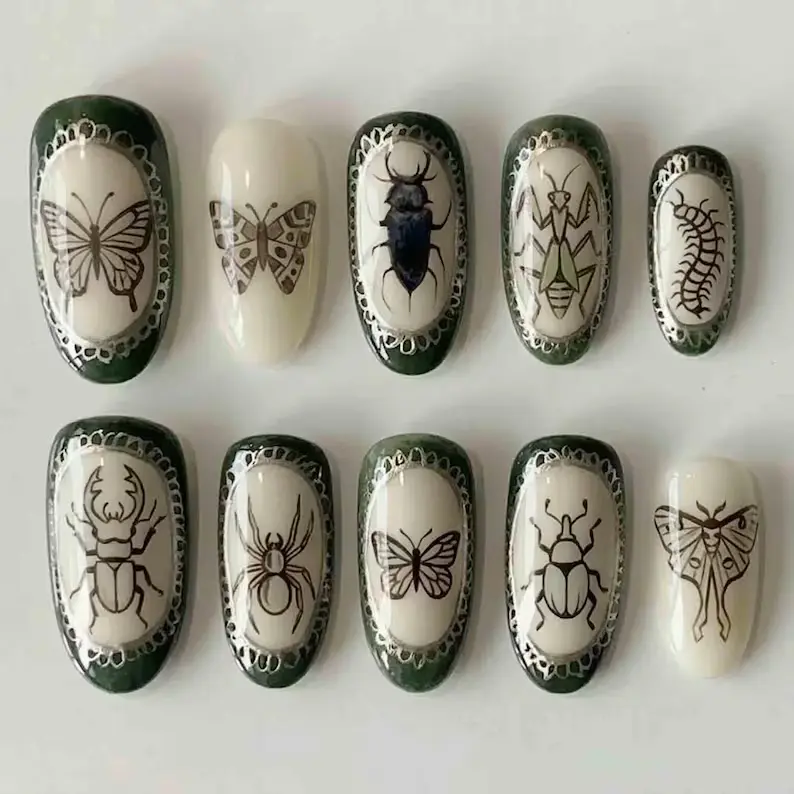 Handmade Insect Vintage Press On Nails | Butterfly, Beetle & Spider Illustration Design | Short Oval Nails for Cottagecore Nature Aesthetic