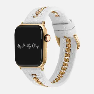 My Pretty Strap – Compatible Apple Watch Band – Stainless Steel & Premium Leather iWatch Strap for Women – Series 1–11, SE & Ultra (38MM / 40MM / 41MM / 42MM / 44MM / 45MM / 49MM) – Gold, Silver, White, Black – Bijou