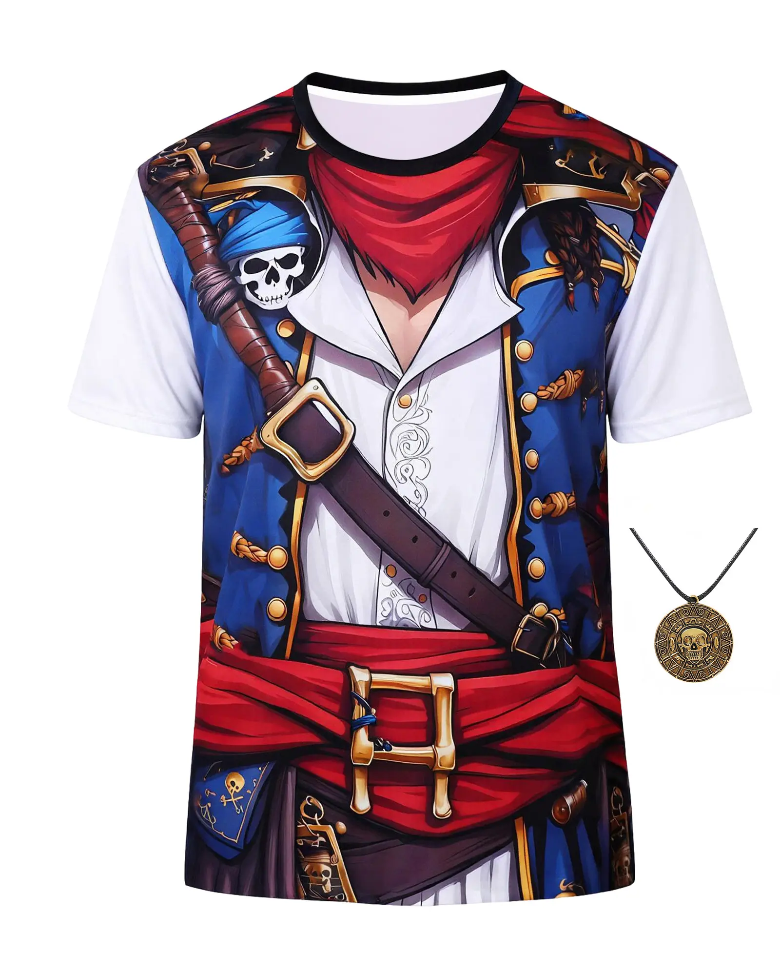 Men 3D Print Pirate Costume T-Shirt with Skull Coin Necklace, Funny Pirate Suit Graphic Short Sleeve Tee for Halloween Cosplay Party
