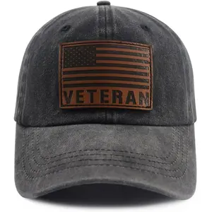 American Flag Veteran Hat for Men Women, Adjustable Cotton Leather Patch Army Military Patriotic Baseball Cap
