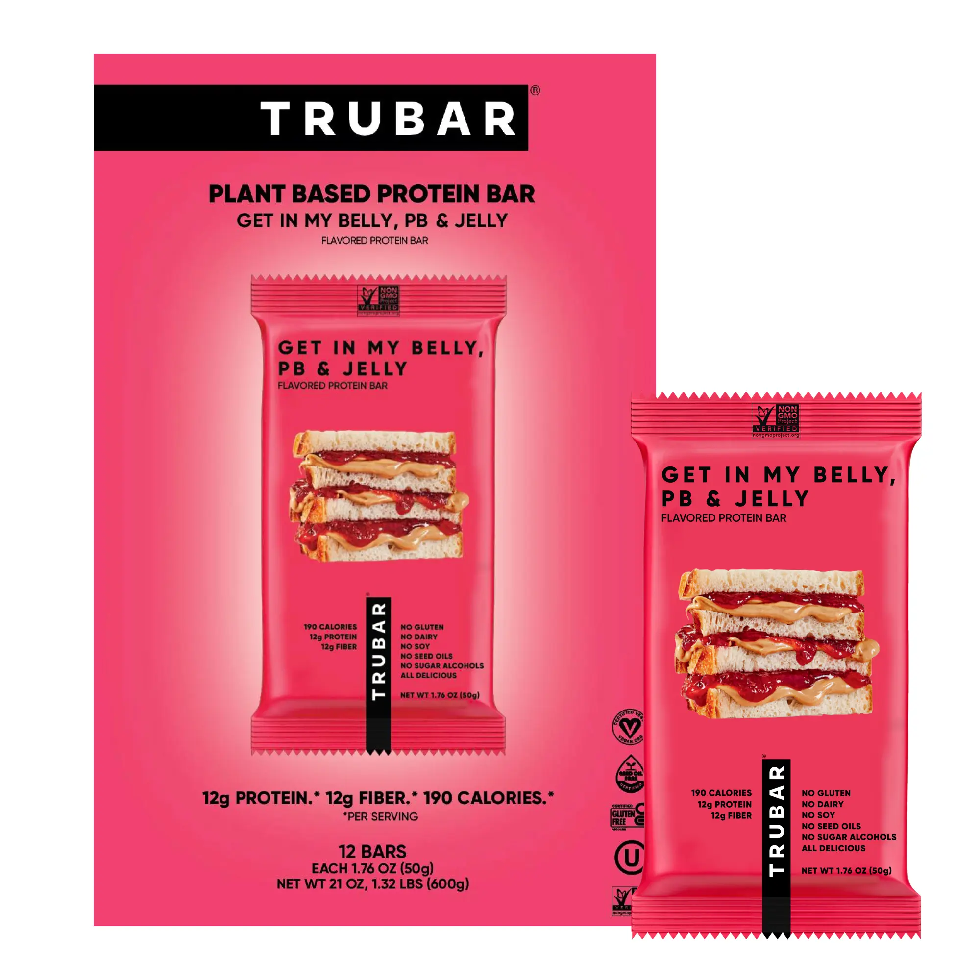 TRUBAR Vegan Protein Bar, Get In My Belly PB & Jelly, Gluten Free, Plant Based Protein, Dairy Free, Non GMO, Soy Free, No Sugar Alcohols, 12 CT Snack