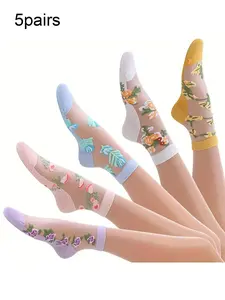 Women's Floral Embroidery Contrast Lace Ankle Socks, Casual Comfy Breathable Soft Socks for Daily Wear, Ladies Socks for All Seasons