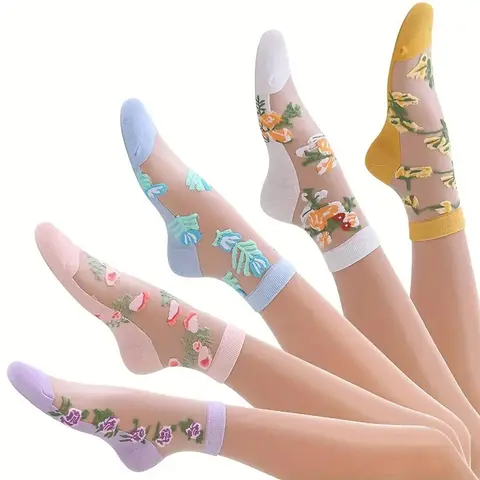 Women's Floral Embroidery Contrast Lace Colorblock Ankle Socks, Floral Pattern Socks, Casual Comfy Breathable Soft Socks for Daily Wear, Ladies Socks for All Seasons, Casual Stylish Socks