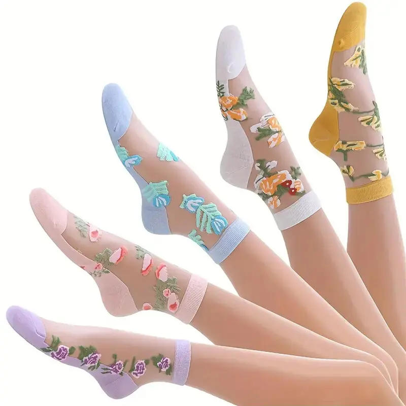 Women's Floral Embroidery Contrast Lace Colorblock Ankle Socks, Floral Pattern Socks, Casual Comfy Breathable Soft Socks for Daily Wear, Ladies Socks for All Seasons, Casual Stylish Socks