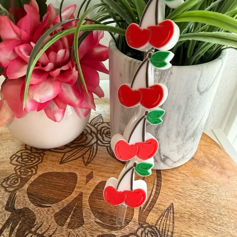 3D Printed Cherry Straw Topper - Red and White Design for Decorative Use