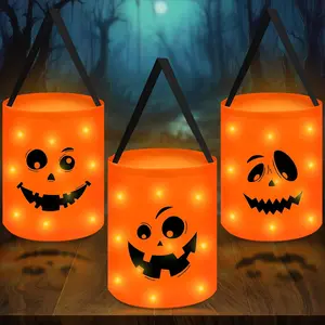 3 Pcs LED Halloween Candy Bags, Reusable Trick or Treat Light Up Bucket Bag for Kids, Multipurpose Collapsible Halloween Goodie Bags for Holiday Decorations Party Favors