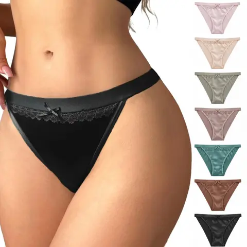 Women's Low-Rise Bikini Panties - Silky Fabric, Shiny Nylon Lace Trim, Ultra Soft Breathable Daily Wear Underwear, Buttery Smooth Thin Lightweight Briefs, S-XL
