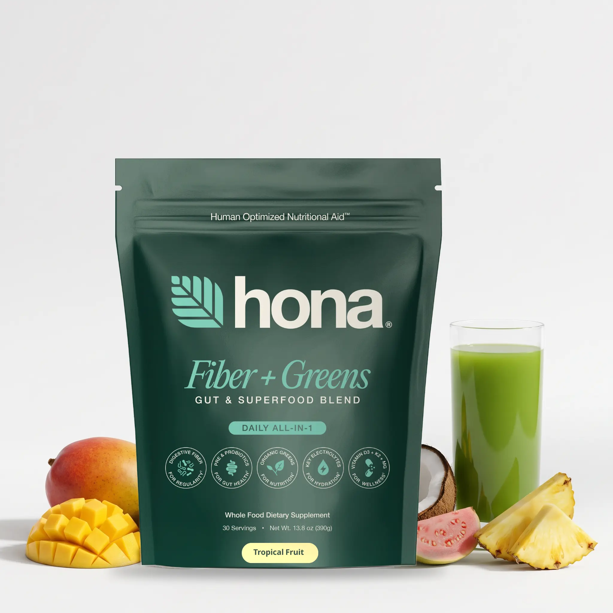 HONA Fiber and Greens XL Value Pack, Choose 60 or 90 Count | Dietary Fiber Supplement and Daily Gut Health Drink Mix with 8g Fiber, Psyllium Husk, Prebiotic Fiber, Probiotics and Super Greens | Digestive Health Support for Active Adults
