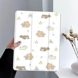 Kawaii Good Night Bear Cartoon Pattern Tablet Case, 3-Tier Stand Transparent Acrylic Hard Back with Pencil Slot, Auto Wake/Sleep Shockproof Full Cover, Fits 7.9/8.3/10.2/10.5/10.9/11/12.9/13 Inch Tablets, Perfect for Soft & Cute Aesthetic Fans