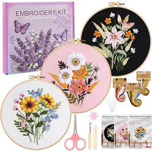 3 Sets Embroidery Kit for Adults, Flower  Embroidery Practice Kits for Beginners, Needlepoint  Stitch Kits Include Hoop, Colorful Threads, Tools, Easy to Learn Video & Instruction