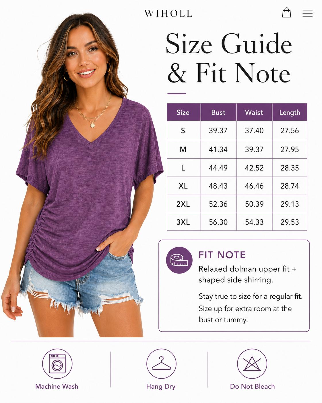 WIHOLL SwimWeek Womens Short Sleeve V Neck Dolman Tops with Side Shirring Loose Fit Shirts