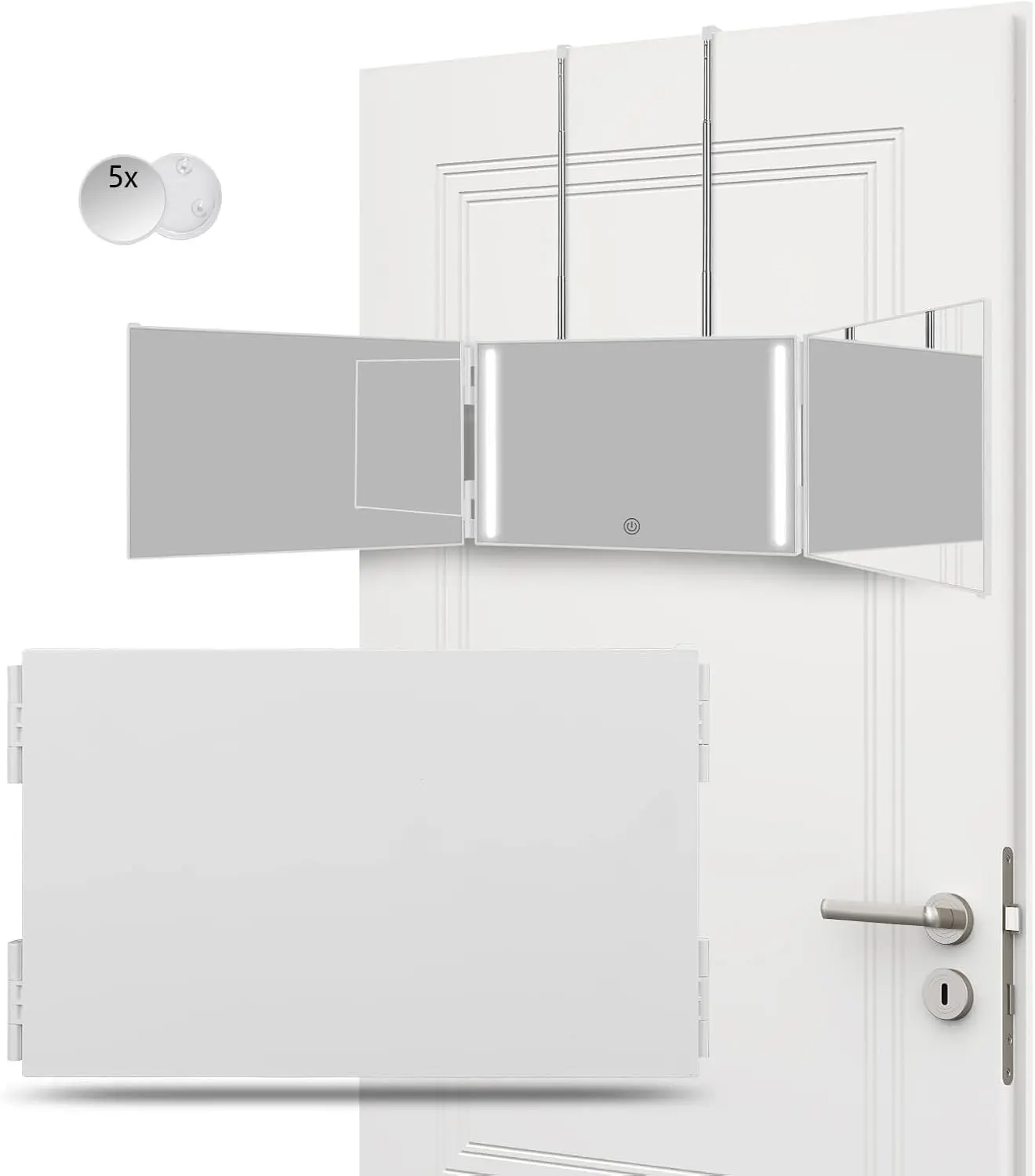 Women's Minimalist Square Trifold LED Vanity Mirror - Smooth Reflective Glass, Safety Design, Dimmable Natural Soft Light, ABS Height-Adjustable Hooks, 360° Rotation, Modern Tabletop/Wall-Mounted Bathroom Mirror for Makeup Styling, Enhances Aesthetics, Tr