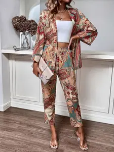 Women's Paisley Print Set Outfit, Drop Shoulder Shirt & Pants, Vintage Style Casual Two-Piece, Fashionable Women's Clothing