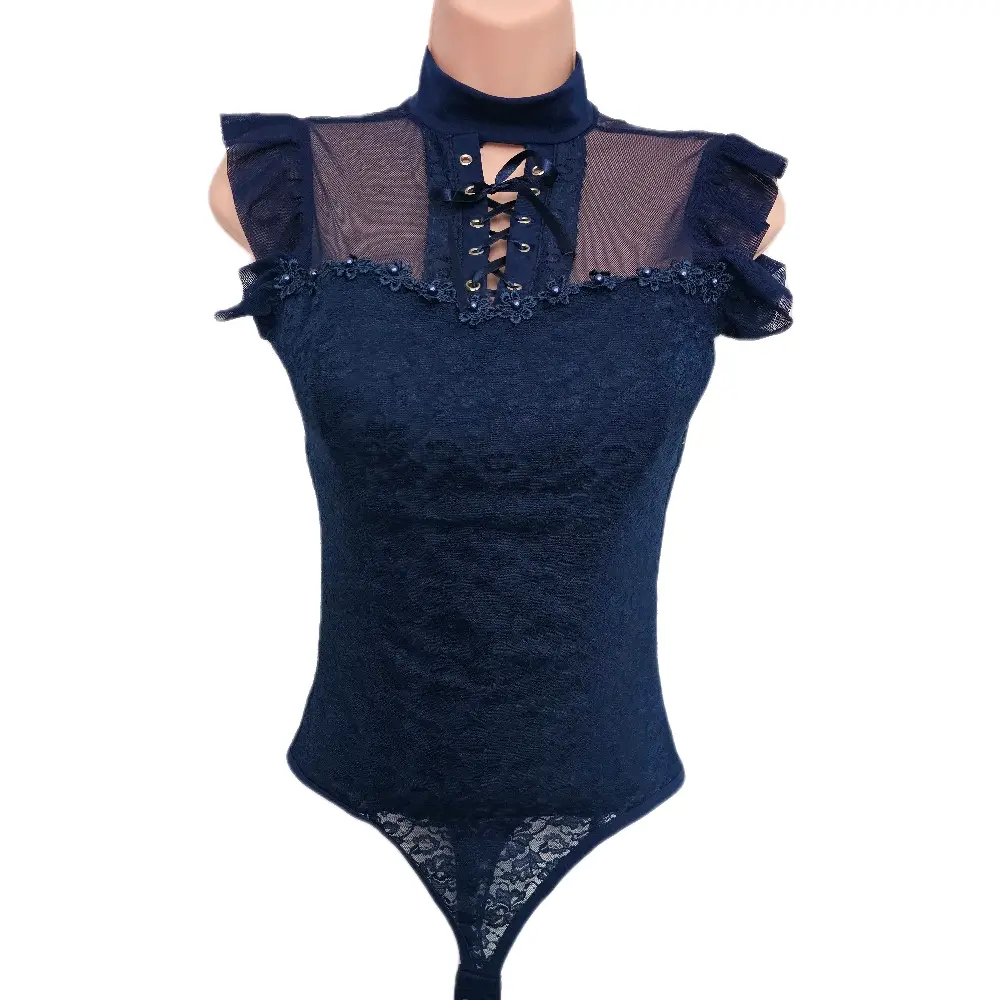 Women's High Neck Powernet Control Bodysuit - Thong Compression Shapewear with Ruffled Sleeves, Mesh Detailing, Elegant Lace, Navy Blue Fashion Lady Clothes, Chic Everyday Piece, Lace Bodysuits, Body-Aligned Bodysuits