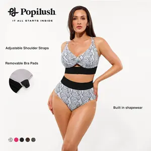 Popilush Women's High-Waisted Two-Piece Bikini, Snakeskin Print Push-Up Swimsuit with Ruched Front & Wide Ribbed Band