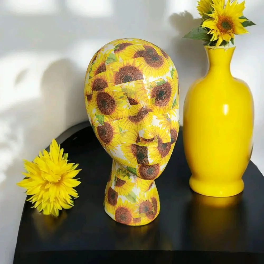 Decoupage female styrofoam mannequin head| sunflower mannequin| decoupage head display| wig stand|head display