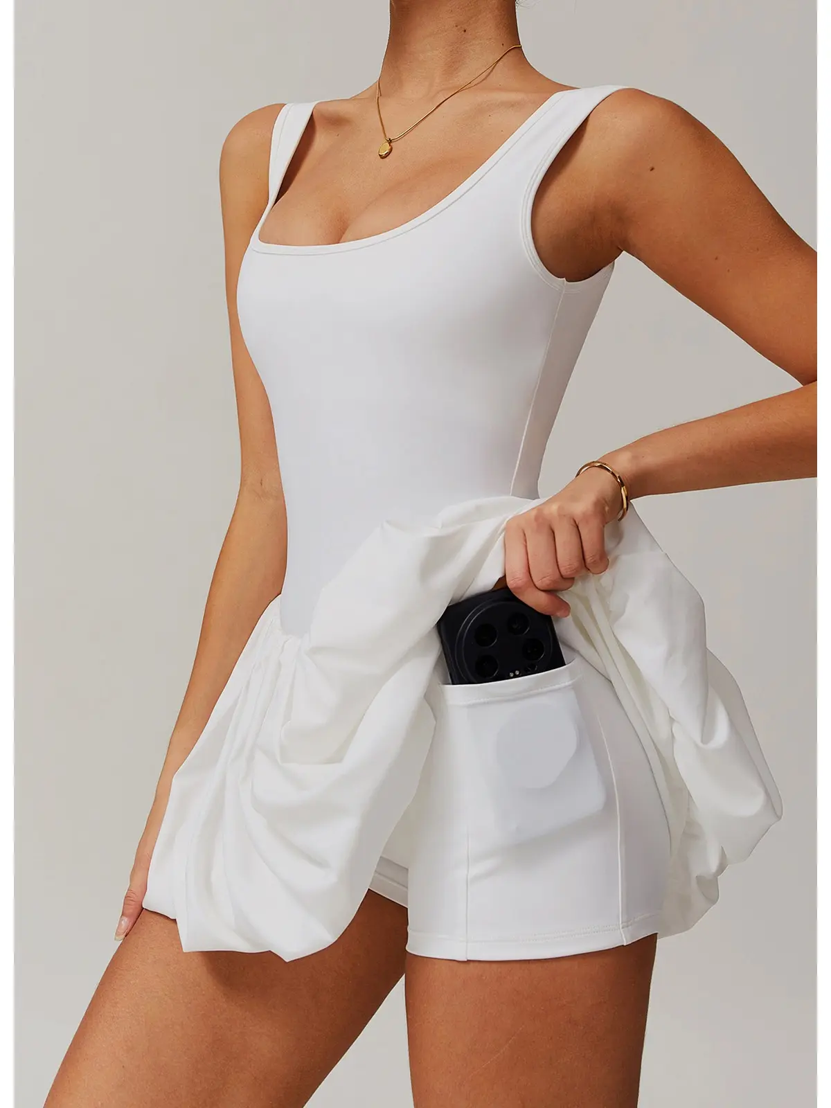 Women's Sleeveless Plain Square Neck Wide Strap Tennis Dress - Built-in Shorts, Anti-Chafe, Flowy Athletic Skort for Golf, Gym, Daily Casual (Female-Focused)