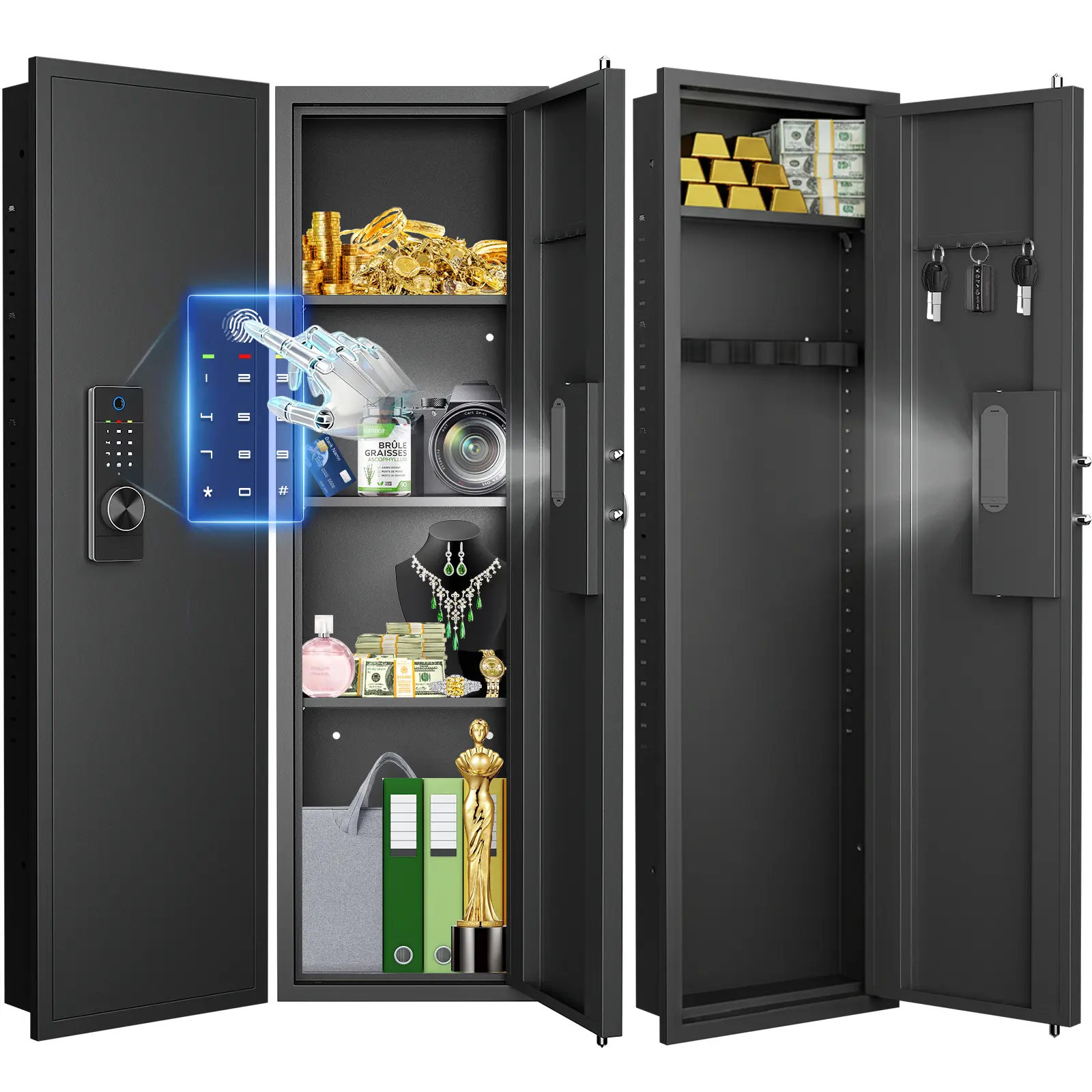 Biometric Wall Safe Between the Studs, Large Hidden Flush Wall Safe with 3 Adjustable Shelves and Magnetic Slot & 6 Key Hooks