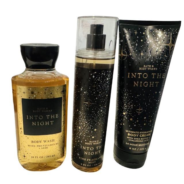 Into The Night Body Wash 10Fl oz, Fine Fragrance Mist 8 Fl oz, Body Cream 8 Fl oz.  Moisturizing Shea Butter