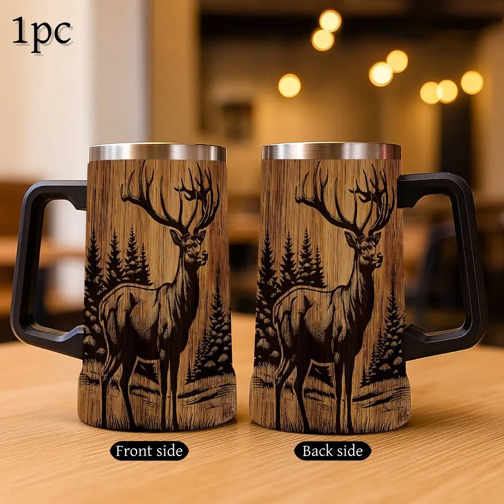 1pc 24oz Vintage Wood Grain Deer Forest Handle Stainless steel insulated water bottle, Traveler Tumbler Insulated -Proof Travel Mug for Coffee,Tea,or Water-Durable,Reusable,and Stylish Design for On-the-Go Use Coffee Thermos