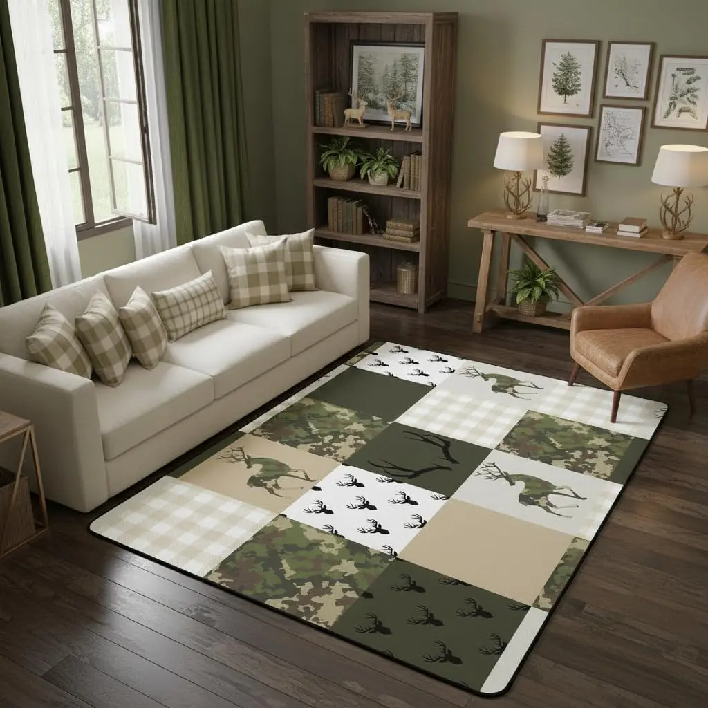 Camo Area Rug 3x5,Deer Antler Animals Hunting Non Slip Rug,Plaid Grid Patchwork Carpet,Wild Animals Theme Decorative Rug for Living Room,Green