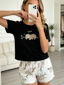 Background Cute Cartoon Sloth Print Women's Round Neck Pajama Set, Soft Milk Silk Fabric, Loose Fit, Casual Style
