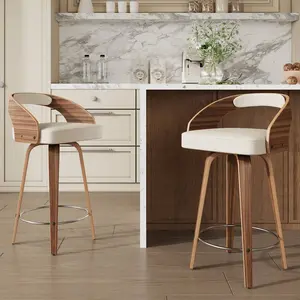 Modern Bar Stools Set Of 2, PU Leather Upholstered Barstool With Curved Back, Swivel Bar Chair With Wood Legs, Comfy Counter Stools For Kitchen Island