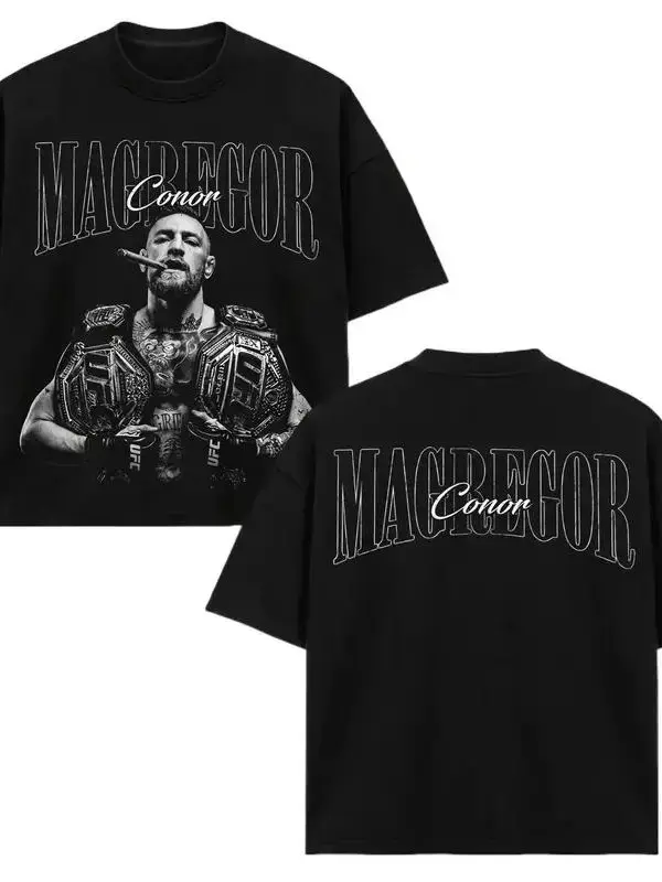 Men's Vintage Conor McGregor Graphic Cotton Short-Sleeve Tee - Loose Oversized Black Menswear Top, UFC Fan Merch, High Contrast Retro Sports Grunge Streetwear, Boxy Drop Shoulder, Casual Crew Neck, Machine Washable, Shortsleeve, Oversized Loose