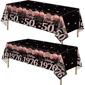 2pcs 50th Birthday Tablecloth, Black Rose Gold 50th Birthday Decorations for Woman Vintage 1976 Table Cloth Plastic Rectangular Table Cover Happy 50 Anniversary Party Supplies