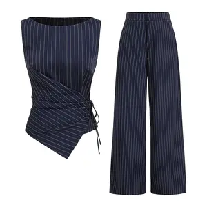 Women's Striped Tie-Back Vest Top and Straight Leg Pants Set, Elegant Slim-Fitting Outer Vest Suit for All Seasons