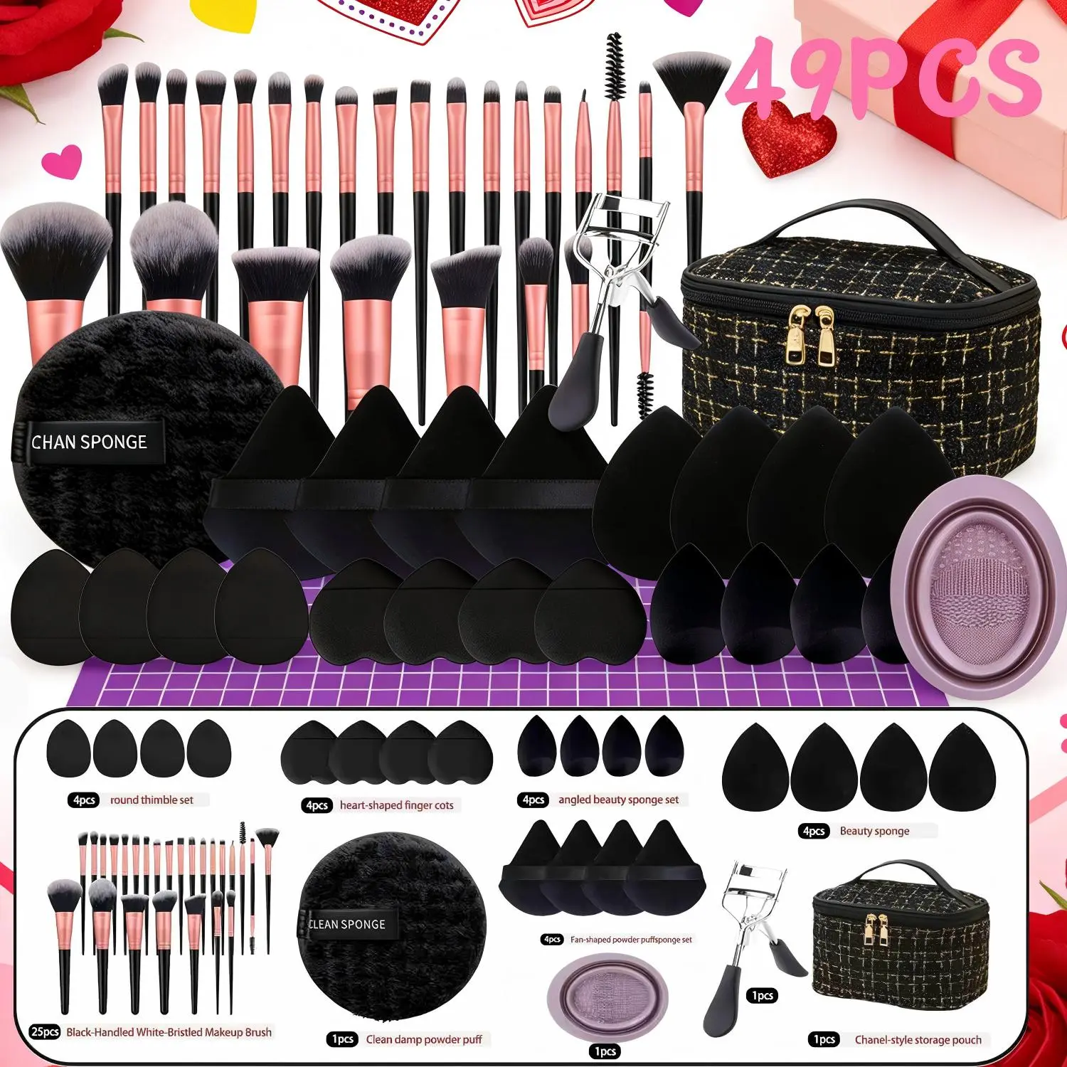 49Pcs Black Makeup Brushes Set, Include Foundation Powder Blush Concealers Eye shadows etc,Makeup Sponge & Powder Puff & & Storage Bag.